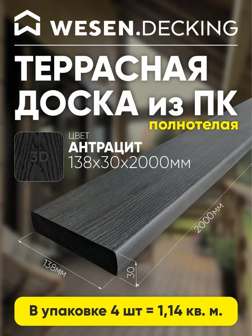 Террасная доска полимерная 138х30х2000 мм, Коричневый, 2шт, 30x2000 мм, 4 шт