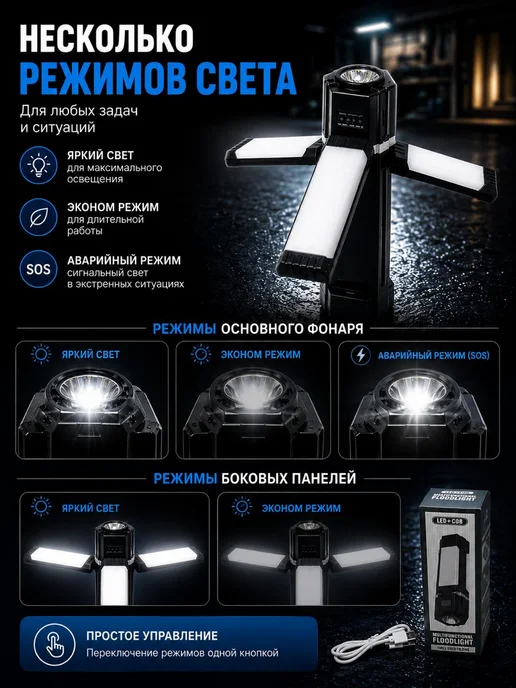 Конфеточка Фонарик бытовой аккумуляторный LED COB складной прожектор, вариант, фото 2