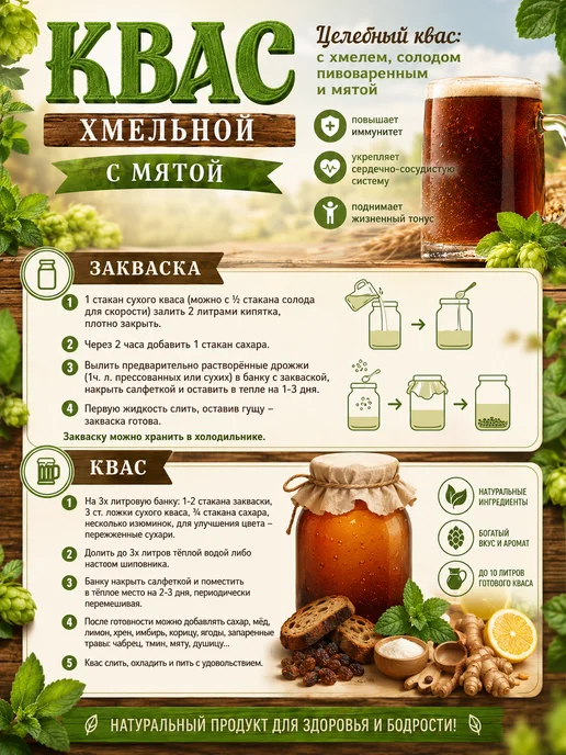 Рифмы Здоровья Квас хмельной с мятой, смесь для приготовления, 700 г, 700 г, фото 2