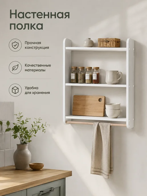 RuLes Полка настенная навесная белая для кухни, ванной, прихожей, белый, белая