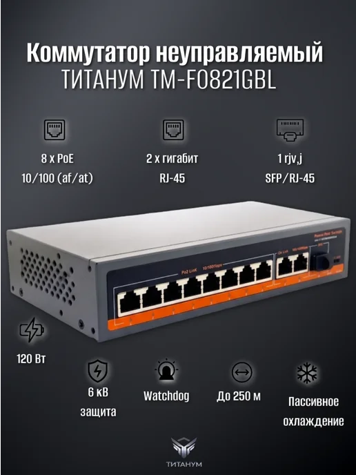 Титанум PoE-коммутатор ТМ-F0821GBL неуправляемый, титан
