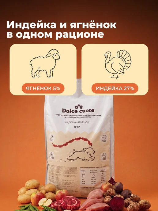 Сухой корм Dolce cuore для собак, гипоаллергенный, индейка, ягненок, 10 кг, фото 2