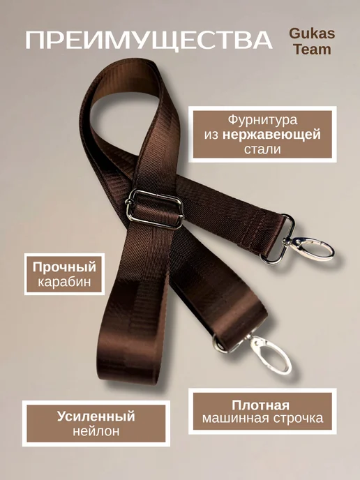 GUKASTEAM Ремень для сумки через плечо черный на карабине текстильный, коричневый, фото 2