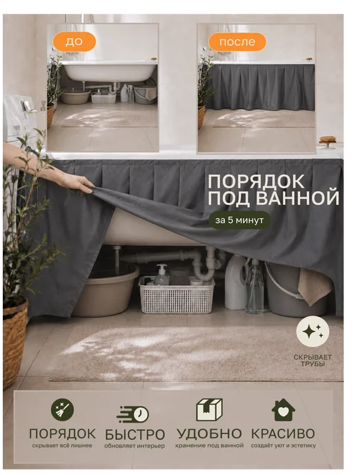 COSA PER LA CASA Экран под ванну тканевый 160х60 серый без оттенка, 160x60, фото 2