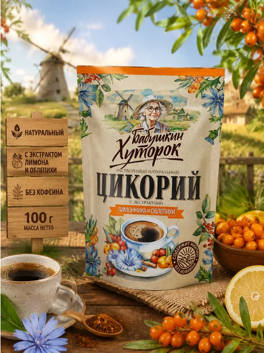 Бабушкин хуторок Цикорий растворимый лимон и облепиха без кофеина 100 гр, 100 г