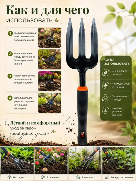 ЖК88 Ручной садовый рыхлитель 3 зубца для прополки почвы, вариант, фото 3