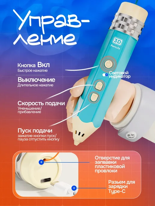 беспроводная 3d-ручка, синий, фото 8