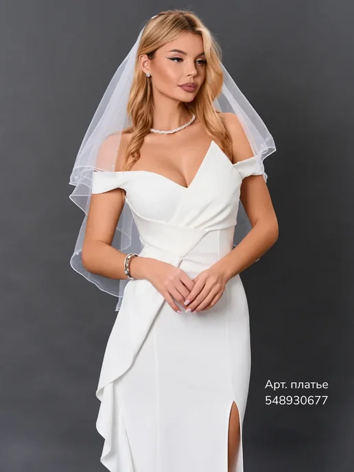 Фата свадебная короткая блестящая, белый, фото 8