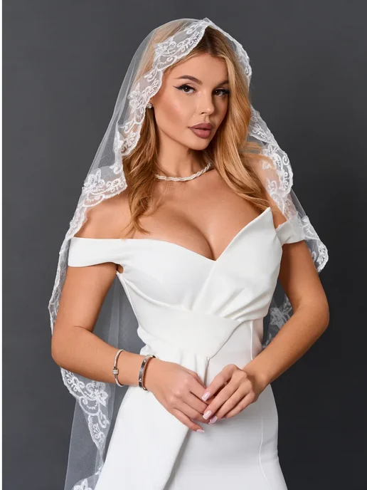 Фата свадебная короткая блестящая, белый, фото 4