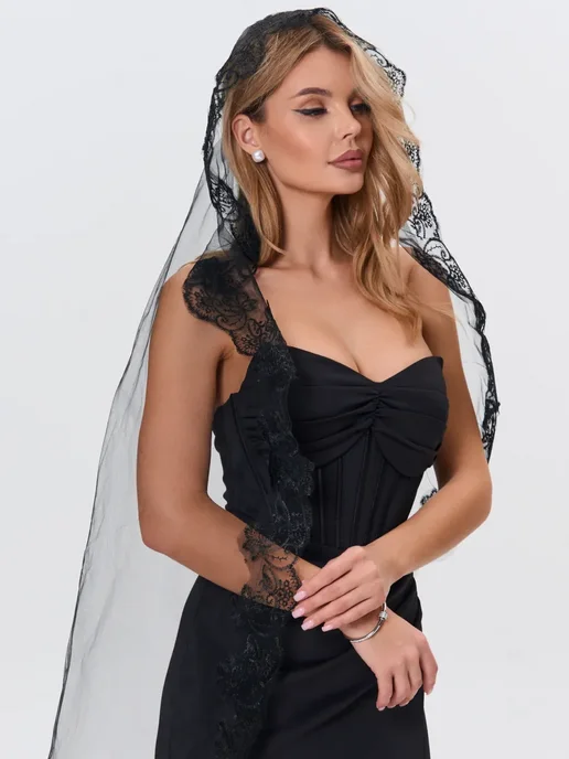 Фата свадебная короткая блестящая, черный, фото 5