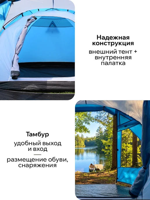 Тайган Палатка туристическая 4-6 мест водонепроницаемая большая, голубой, фото 3