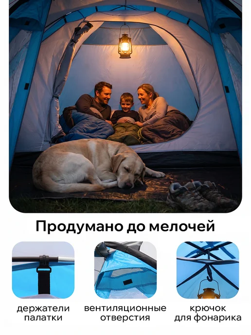 Тайган Палатка туристическая 4-6 мест водонепроницаемая большая, голубой, фото 6