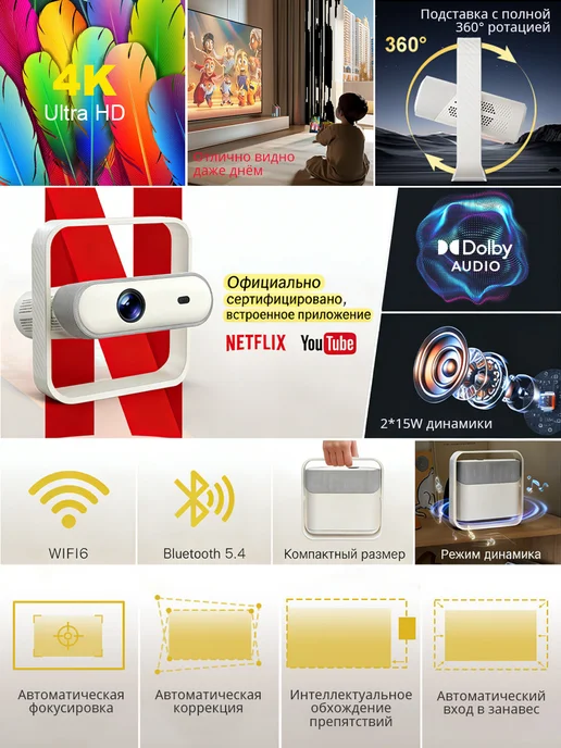 Проектор для фильмов с телефона на стену 4к, белый, фото 2