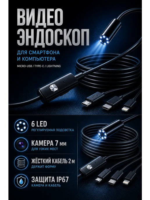 MeltsoFF Эндоскоп автомобильный видеоэндоскоп для смартфона iPhone, черный, фото 2