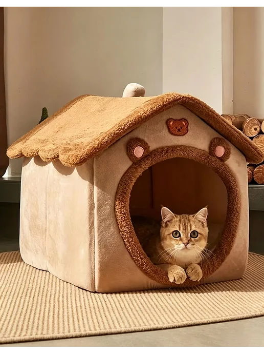 UHOME3 Мягкая лежанка-домик когтеточка из плюша, коричневый, фото 3