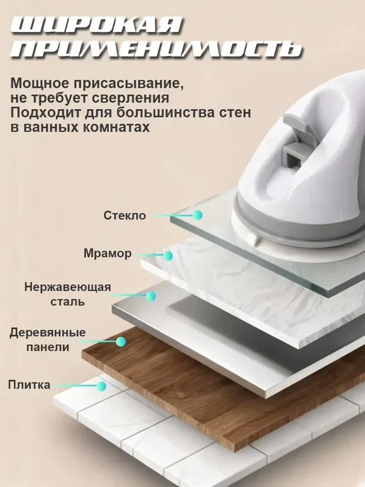 Поручень для ванной настенный ручка для пожилых присоска, белый, фото 6