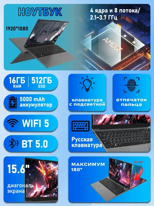 Ноутбук 15.6" 3500U 16 1024ГБ для учёбы и работы, 512 ГБ, фото 2