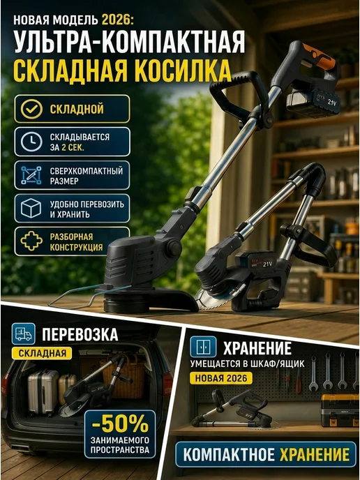 Триммер для травы аккумуляторный электрический для сада, черный, фото 2