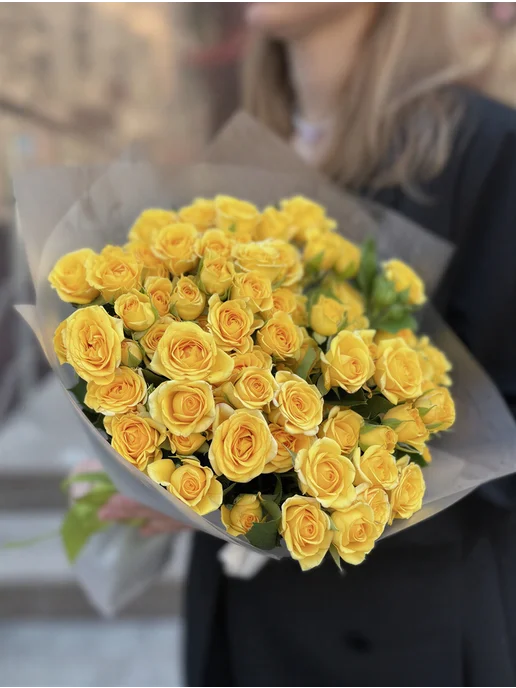 ROZA4U Букет живых цветов 15 кустовых роз Еллоу бейби 40 см, желтый, фото 2