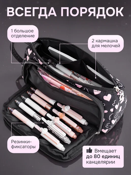 Pokupaka Подростковый пенал с сердечками, черный, фото 3