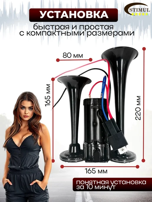 STIMUL Пневматический звуковой сигнал двухрожковый, черный, фото 5