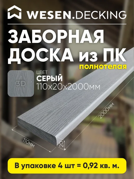 Заборная доска полимерная 110х20х1000 мм, Серый, 4 шт, 20x2000 мм, 4 шт