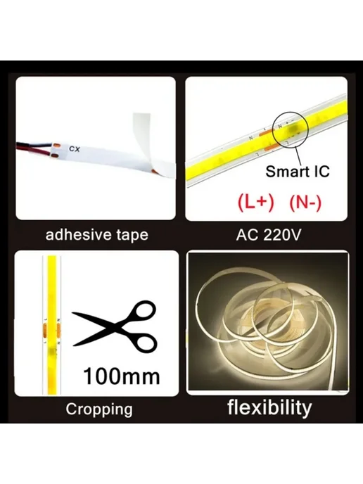 TxxCvv Светодиодная лента COB 6000K, 220В, 1 м, 1 м, фото 5