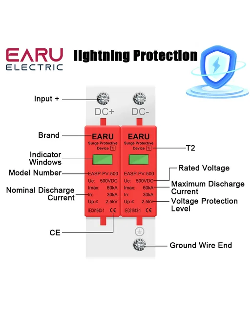 EARU 2P DC SPD Устройство защиты от перенапряжений для солн, вариант, фото 4