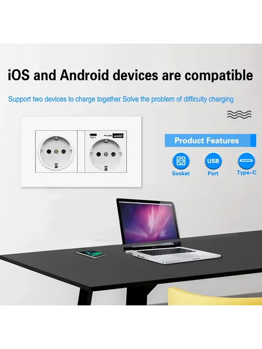 EIOMR Европейская розетка с USB Type-C White 1, черный, фото 6