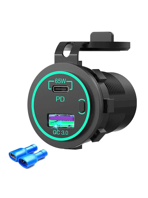 Нет бренда USB C розетка 65W PD3.0 QC3.0 с выключателем, 12V, синие кле, 65 Вт