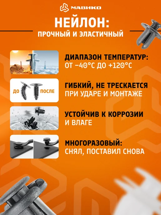 МАВИКО Клипсы автомобильные универсальные 6 видов 100 шт, 100 шт, фото 5