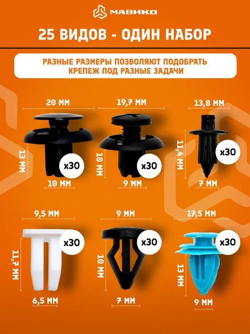 МАВИКО Автомобильные клипсы 925 шт. + хомуты и съемники, 925 шт, фото 3