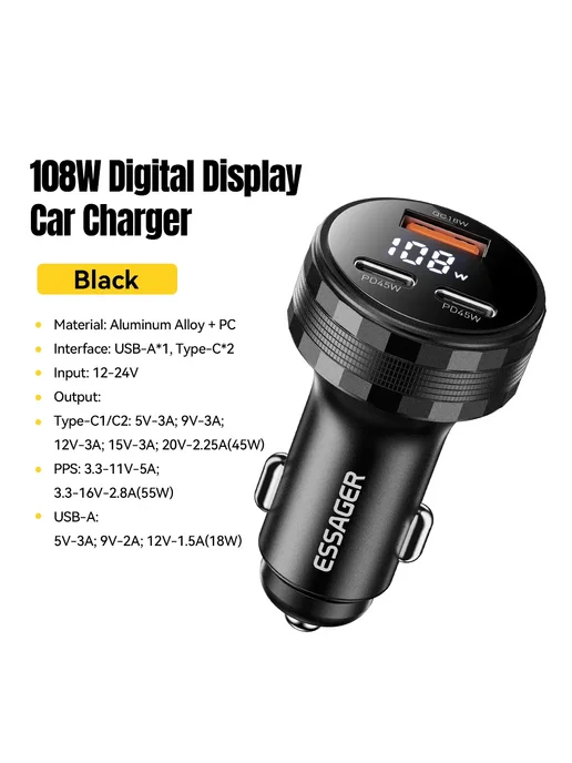 Essager 108W автомобильное зарядное устройство, черный, 3 по, 108 Вт