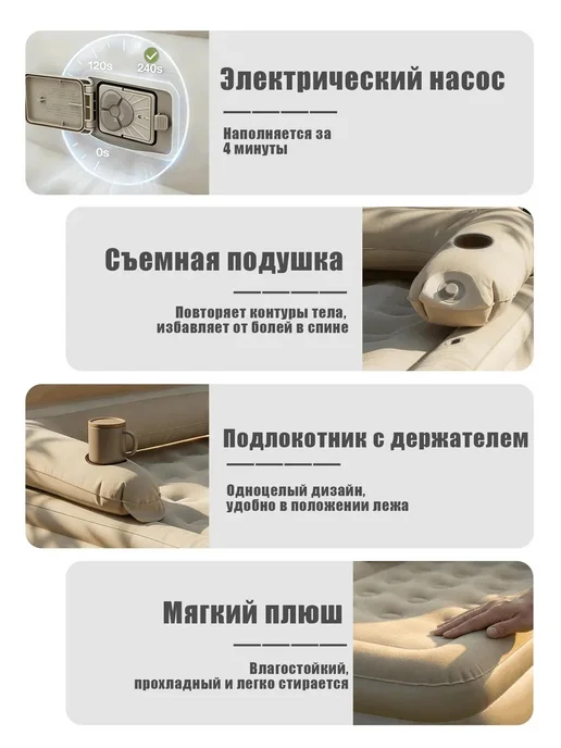 Luthier Матрас надувной двуспальный с насосом электрическим, бежевый, фото 8