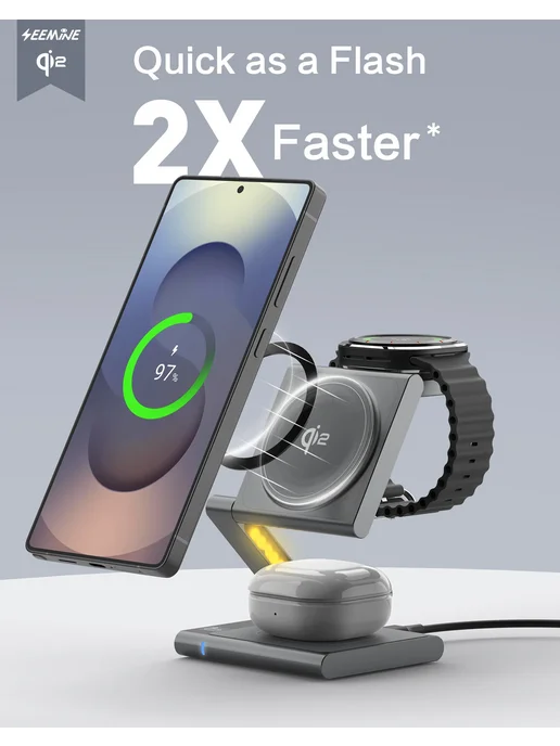 SIKAI CASE Зарядная станция Qi2 3 в 1 для Samsung Galaxy, серый, EU, серый, фото 4