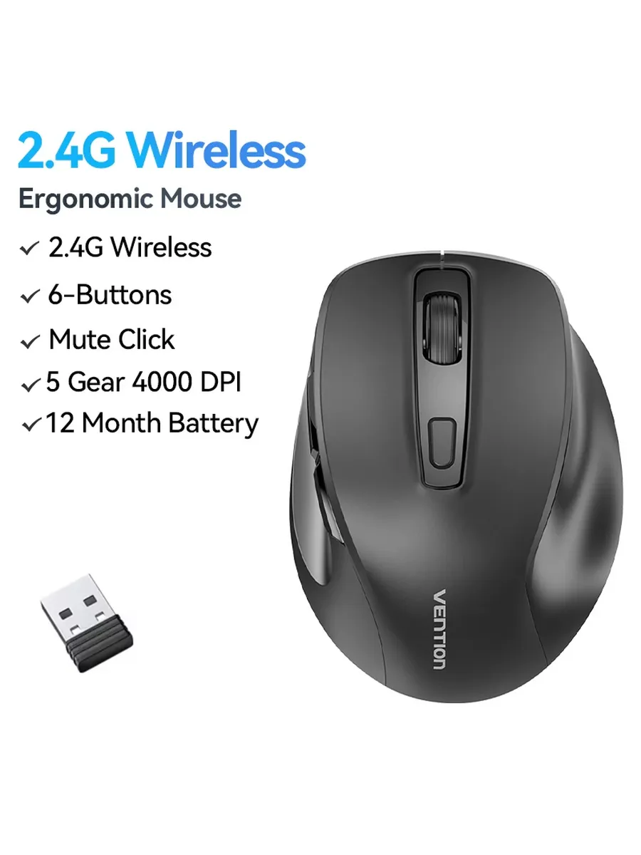 Беспроводная мышь 2.4G, 6 кнопок, 4000 DPI