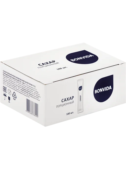 Bonvida Сахар белый порционный 100 стиков по 5 г, 2 уп, 5 г, фото 3