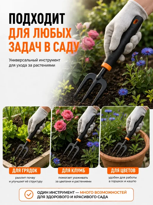 SAYVEXA Рыхлитель садовый ручной для почвы, мини грабли, черный, фото 5