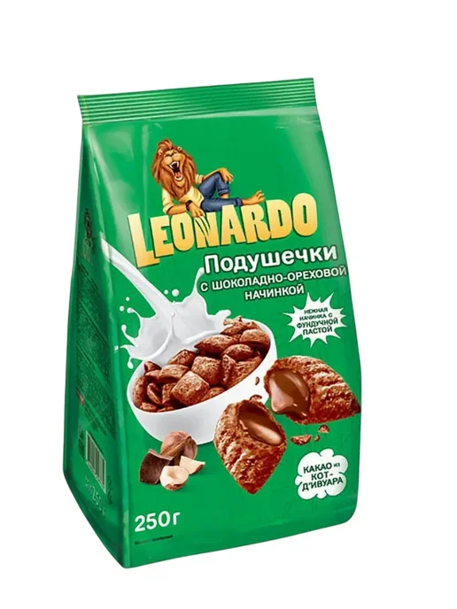 Сухие завтраки Leonardo Подушечки с шоколадно-ореховой начинкой 1 шт 250г, 1 шт, 250 г, фото 2