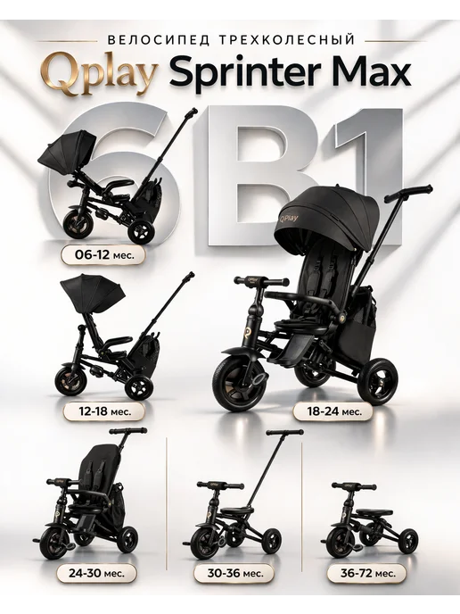 QPlay Детский велосипед Sprinter Max 1-5 лет, складной, безопасный, черный, фото 2