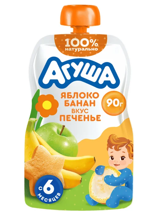 Агуша Пюре яблоко-банан-печенье с 6 месяцев, 90г, 90 г, 6 шт, фото 2