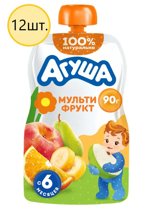 Агуша Пюре фруктовое детское Мультифрукт, с 6 месяцев, 90г, 12шт, 90 г, 12 шт