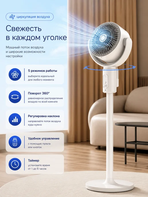 Вентилятор напольный 3 в 1 беспроводной с пультом для дома, белый, фото 7