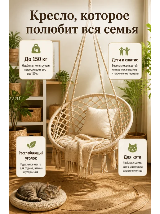 Кресло качели гамак подвесные садовые, белый, фото 2