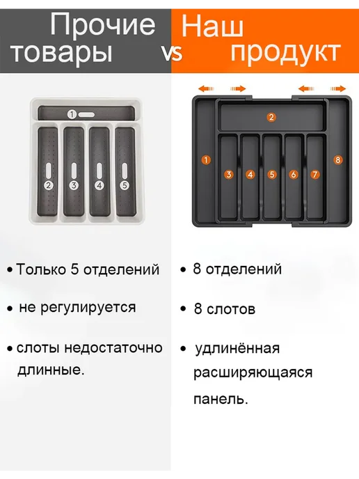 Лоток для столовых приборов раздвижной, бежевый, фото 8