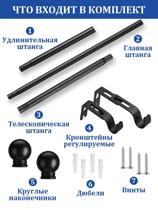 Карниз для штор однорядный 206 cм, черный, фото 3