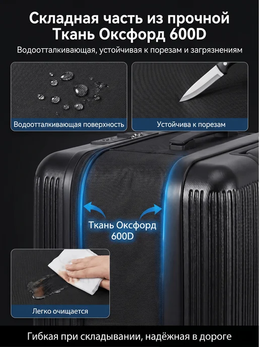 Чемодан S на колесах складной для путешествий, черный, фото 8