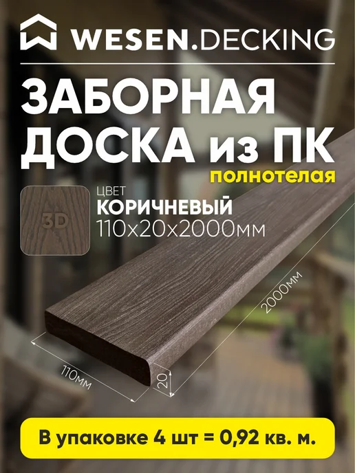 Заборная доска полимерная 110х20х1500 мм, Коричневый, 1 шт, 20x2000 мм, 4 шт