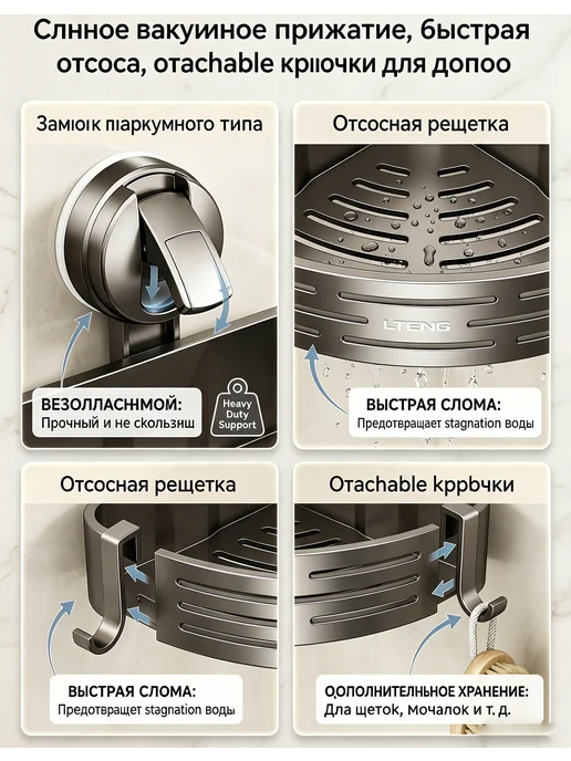 Угловая полка для ванной двухъярусная, вакуумные присоски, серый, фото 8