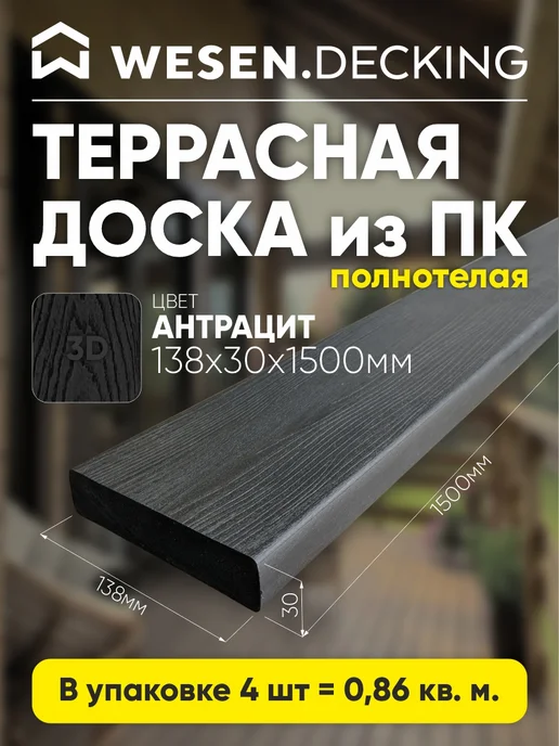 Террасная доска полимерная 138х30х1000 мм, Антрацит, 1 шт, 138x30x1500 мм, 4 шт